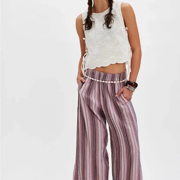 Free People Pink Striped Wide Leg Pants - Picture 1 of 4